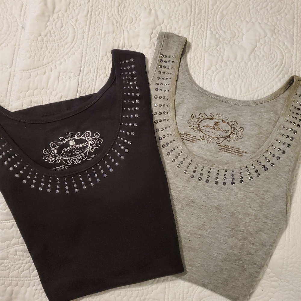 Green Source Women Two Tank Tops Colors Black & Grey with Rhinestone Size (XL)